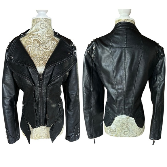 Faux Leather Biker Sexy Women's Black Studded Jacket Punk Rock Grunge Large - Picture 6 of 6
